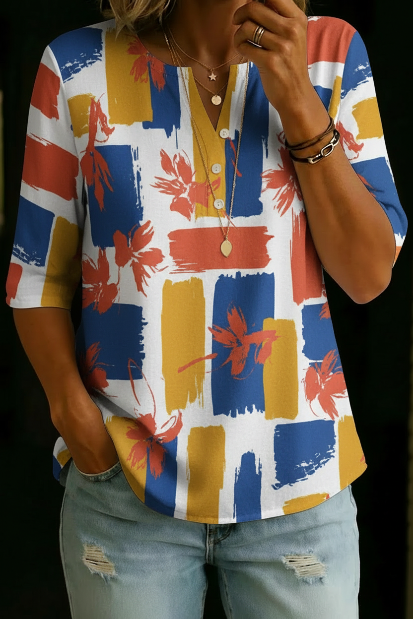 Women’s Colour Block Floral Print Half Sleeve Henley Cotton Blend Top