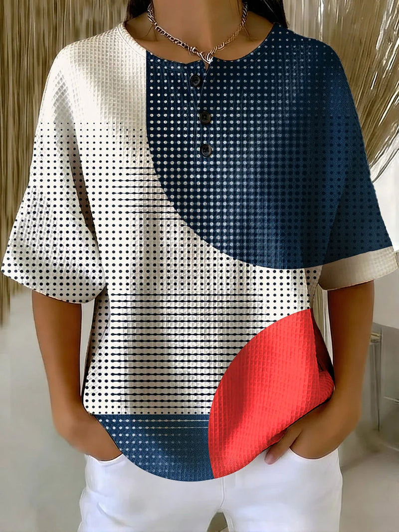 Women's Geometry Art Print Casual Waffle Cotton Shirt RSWS2306