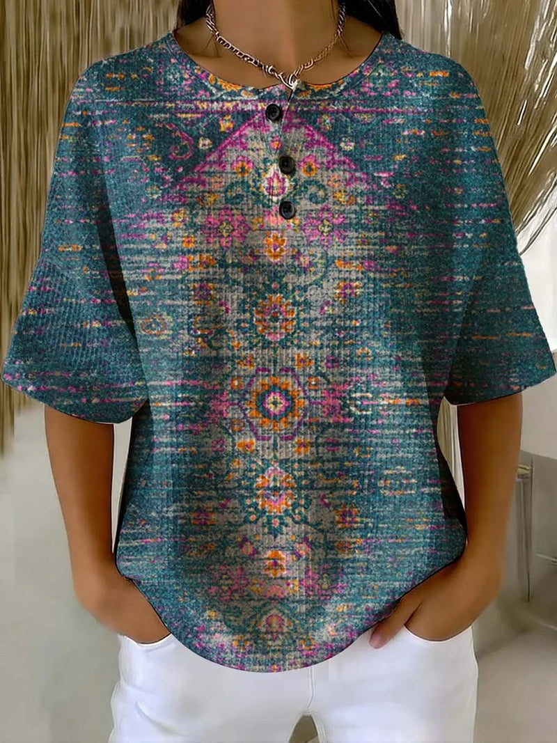 Women's Vintage Floral Art Print Casual Waffle Cotton Shirt RSWS2302