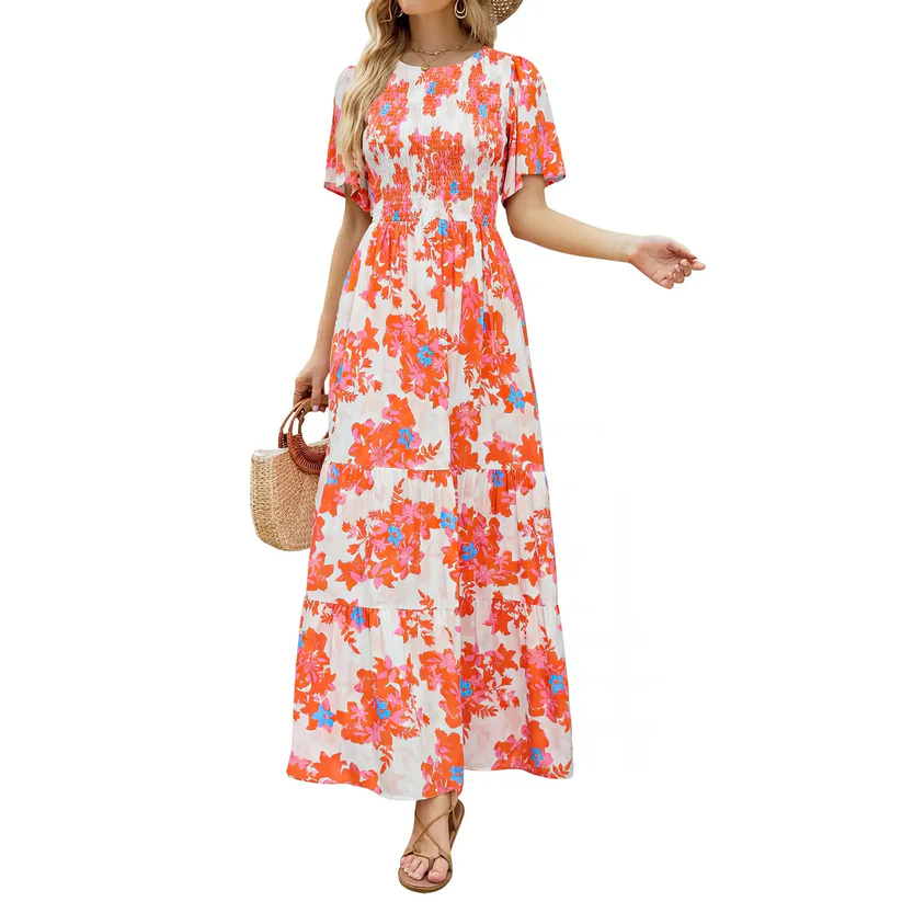 Elegant Lilac Floral Smocked Tiered Maxi Dress