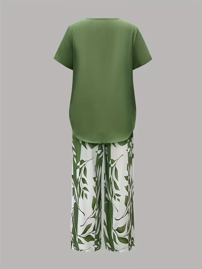 Elmyra | Casual Leaf Print Two-Piece Set