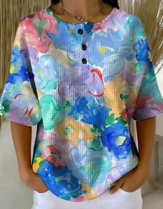 Women's Retro Multicolor Gradient Patchwork Abstraction Patterns Art Print Casual Waffle Cotton Shirt RM601