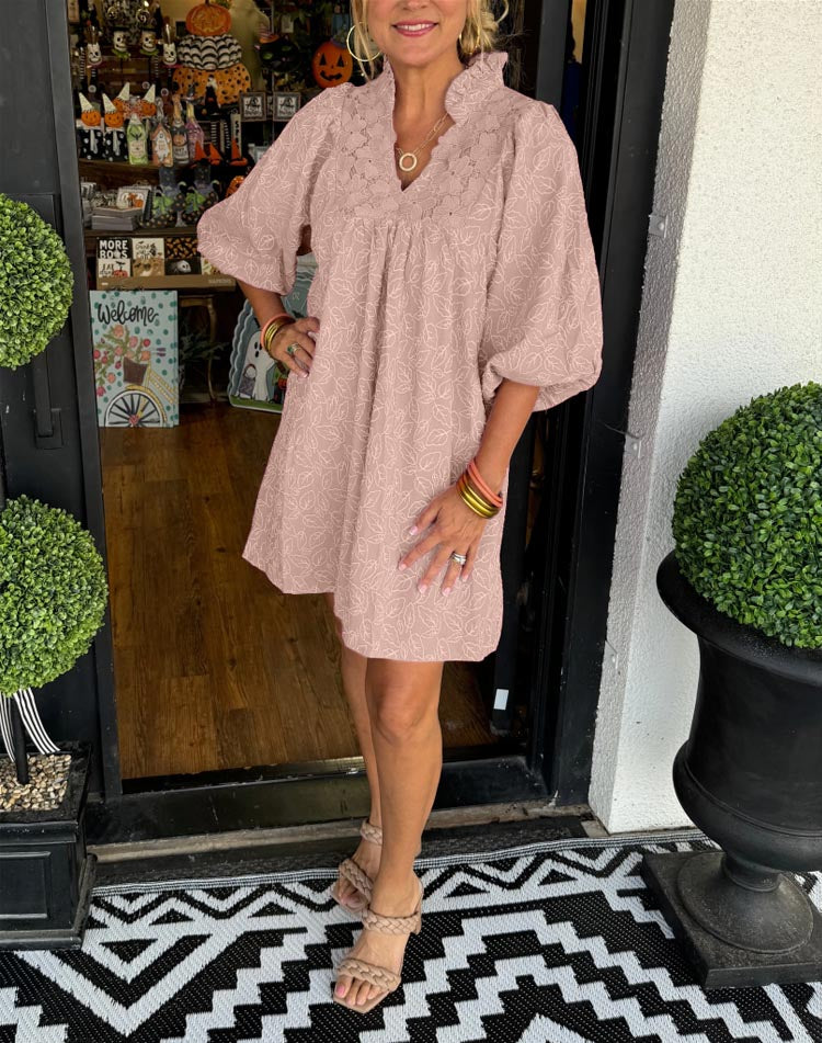 Claire | Puff Sleeve Leaf Jacquard Dress