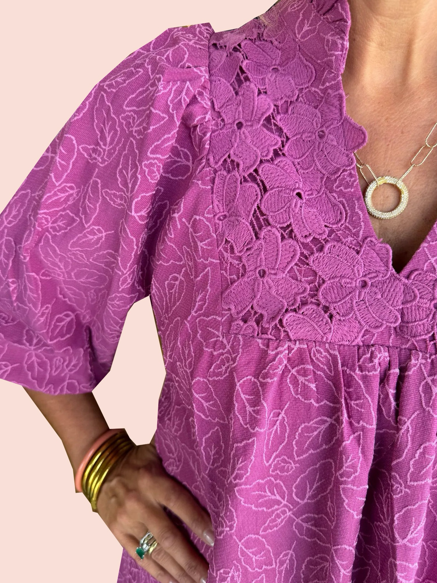 Claire | Puff Sleeve Leaf Jacquard Dress