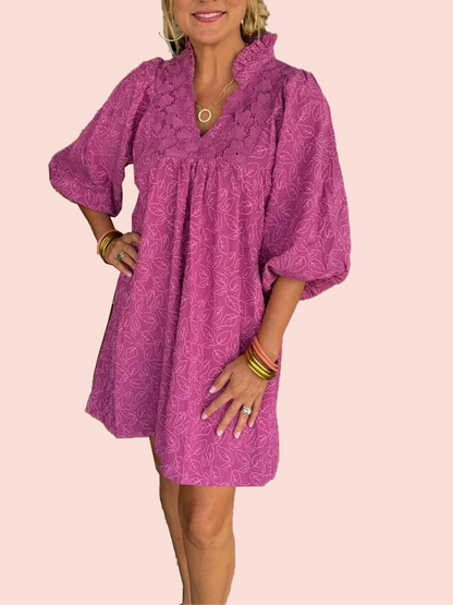 Claire | Puff Sleeve Leaf Jacquard Dress