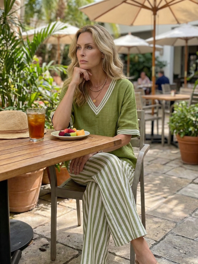 Norma | Contrast V-Neck Tunic & Striped Pants Set