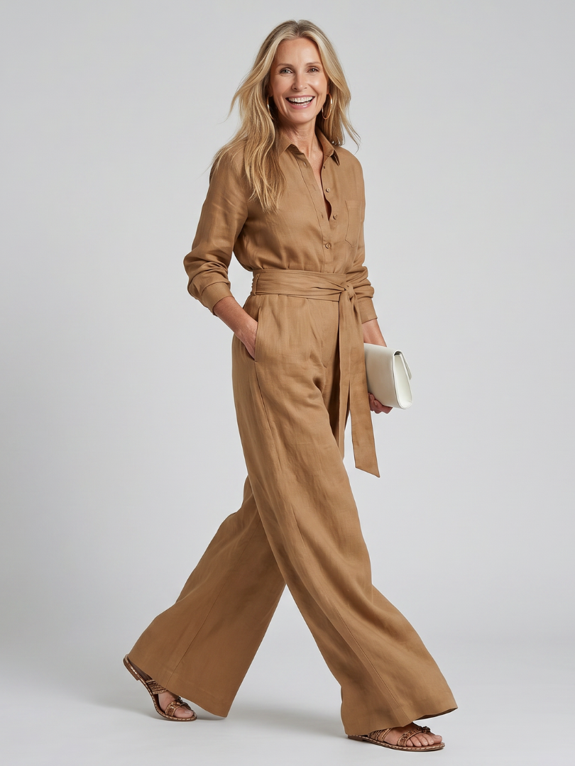 Connie | Long Sleeve Button Wide-Leg Jumpsuit