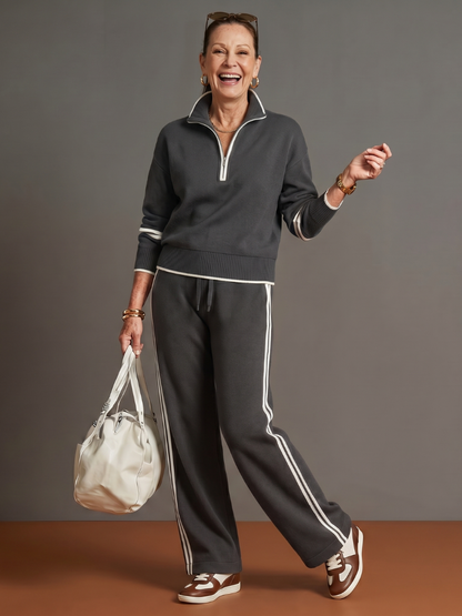 Shirley | Side-Stripe Long Sleeve Zip Collar Pants Set