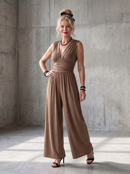 Eleanor | Deep V Defined Waist Wide-Leg Jumpsuit