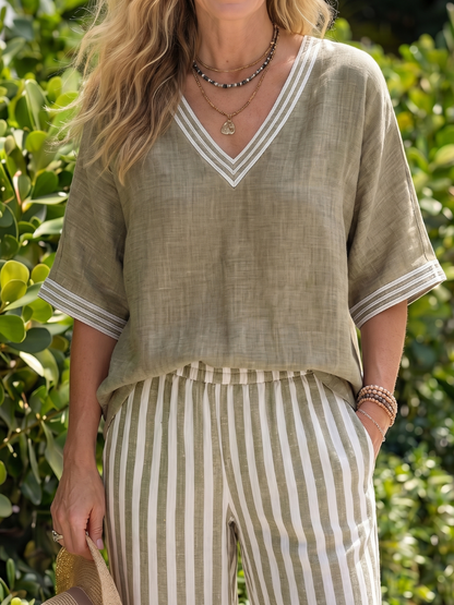 Norma | Contrast V-Neck Tunic & Striped Pants Set