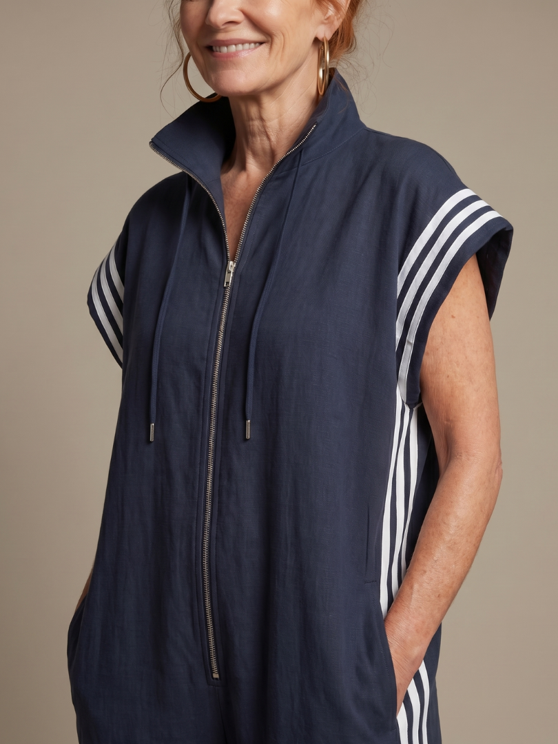 Lucille | Front-Zip Striped Panel Jumpsuit
