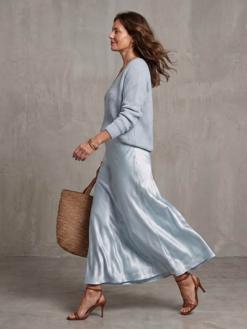 Margaret | Bias Satin Skirt & Knit Top Set