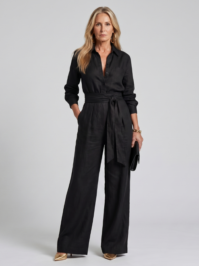 Connie | Long Sleeve Button Wide-Leg Jumpsuit