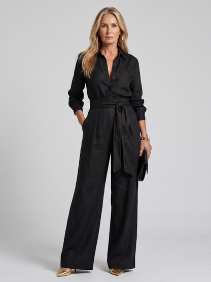 Connie | Long Sleeve Button Wide-Leg Jumpsuit