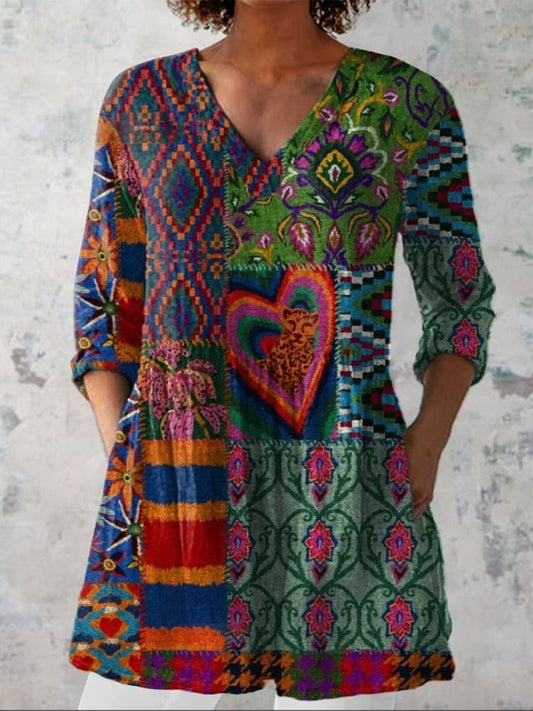 Women's Boho Flowers Art Print Casual Linen V-neck Shirt