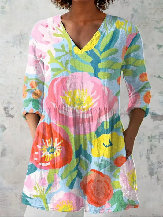 Women's Floral Art Print Casual Linen V-neck Shirt