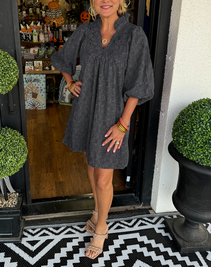 Claire | Puff Sleeve Leaf Jacquard Dress