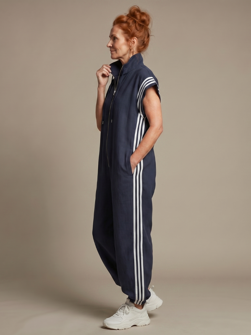 Lucille | Front-Zip Striped Panel Jumpsuit