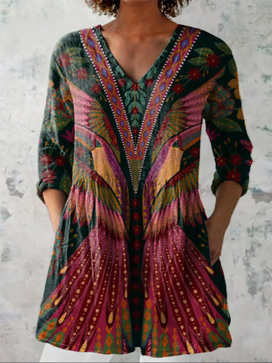 Summer Tropical Bird Symmetrical Pattern Printed Women's Casual Linen V-Neck Shirt