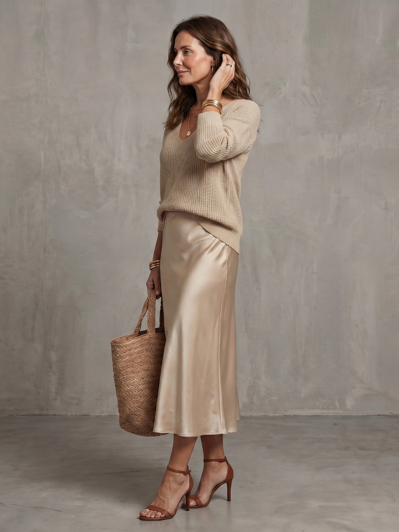 Margaret | Bias Satin Skirt & Knit Top Set
