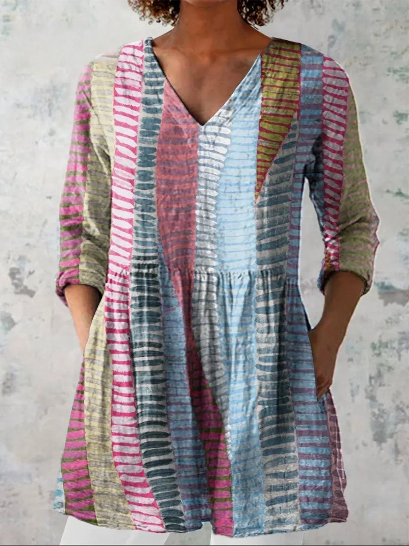 Women's Vintage Colour Block Line Art Print Casual Linen V-neck Shirt