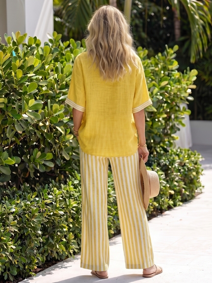 Norma | Contrast V-Neck Tunic & Striped Pants Set