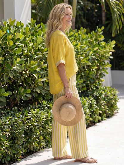 Norma | Contrast V-Neck Tunic & Striped Pants Set