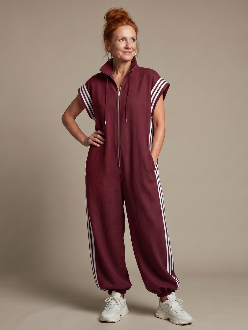 Lucille | Front-Zip Striped Panel Jumpsuit