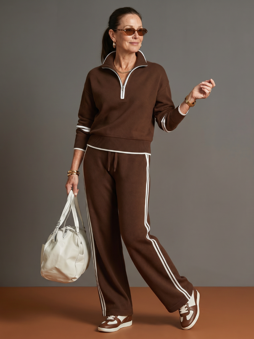 Shirley | Side-Stripe Long Sleeve Zip Collar Pants Set
