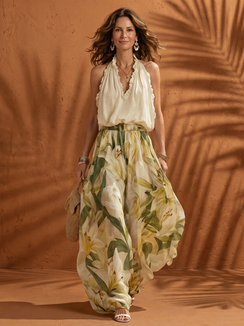 Harriet | Floral Halter Blouse & Wide-Leg Pants