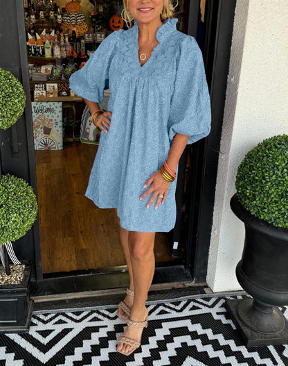 Claire | Puff Sleeve Leaf Jacquard Dress