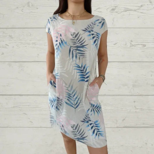 Breathable Tropical Print Side-Pocket Shift Dress
