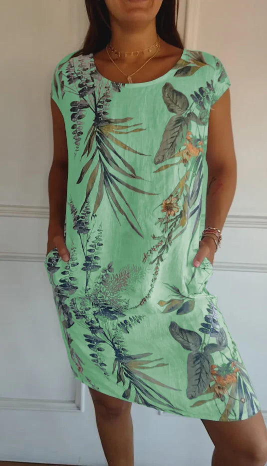 Breathable Tropical Print Side-Pocket Shift Dress