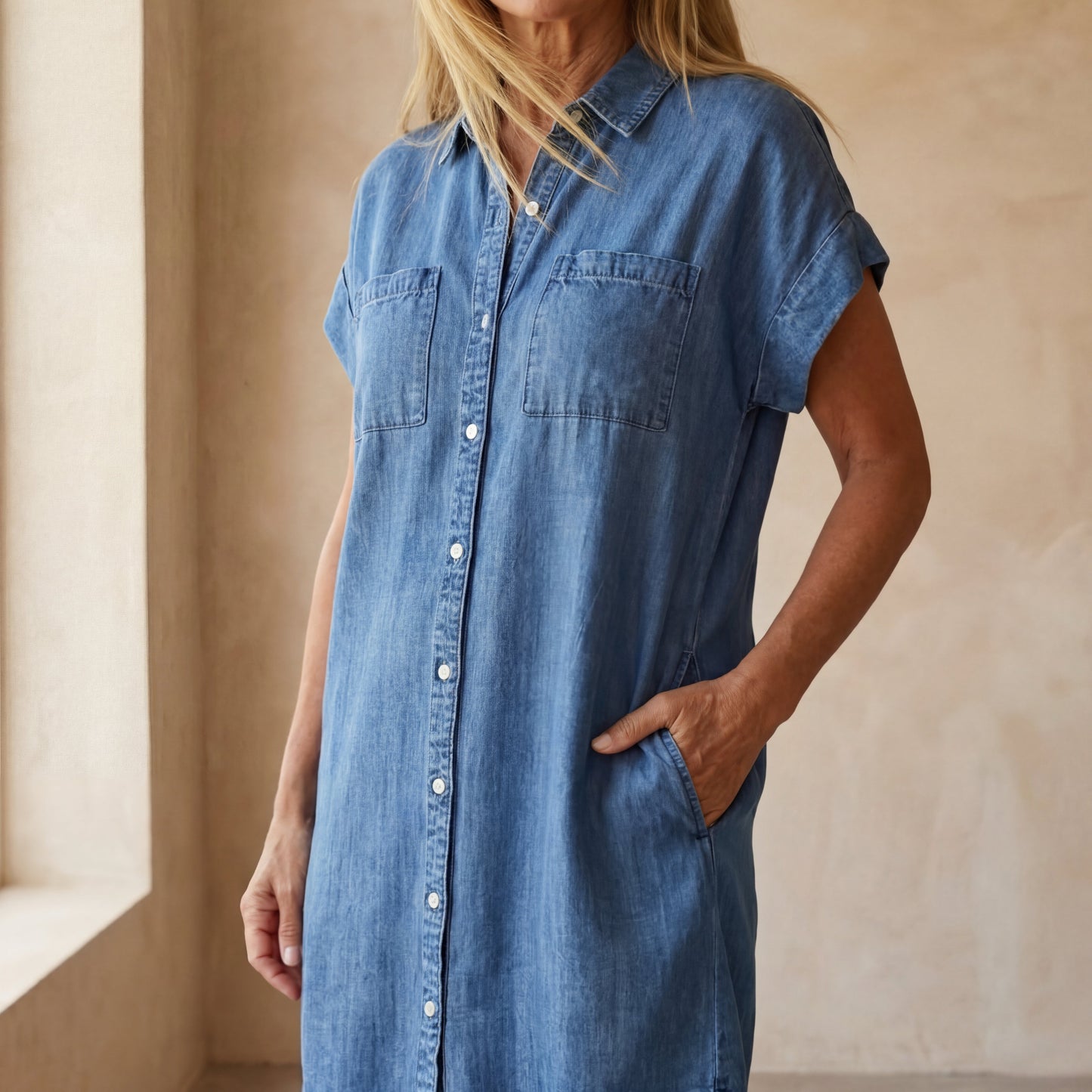 Effortless Versatile Short-Sleeve Denim Shirt-Dress