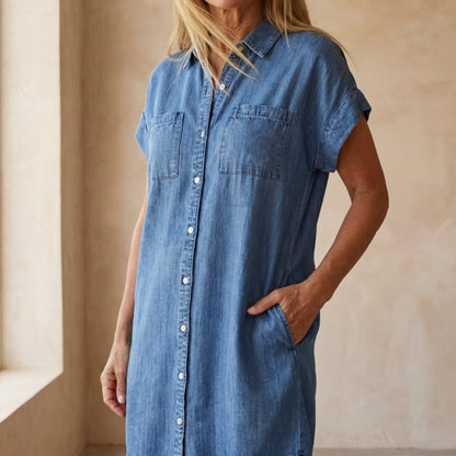 Effortless Versatile Short-Sleeve Denim Shirt-Dress