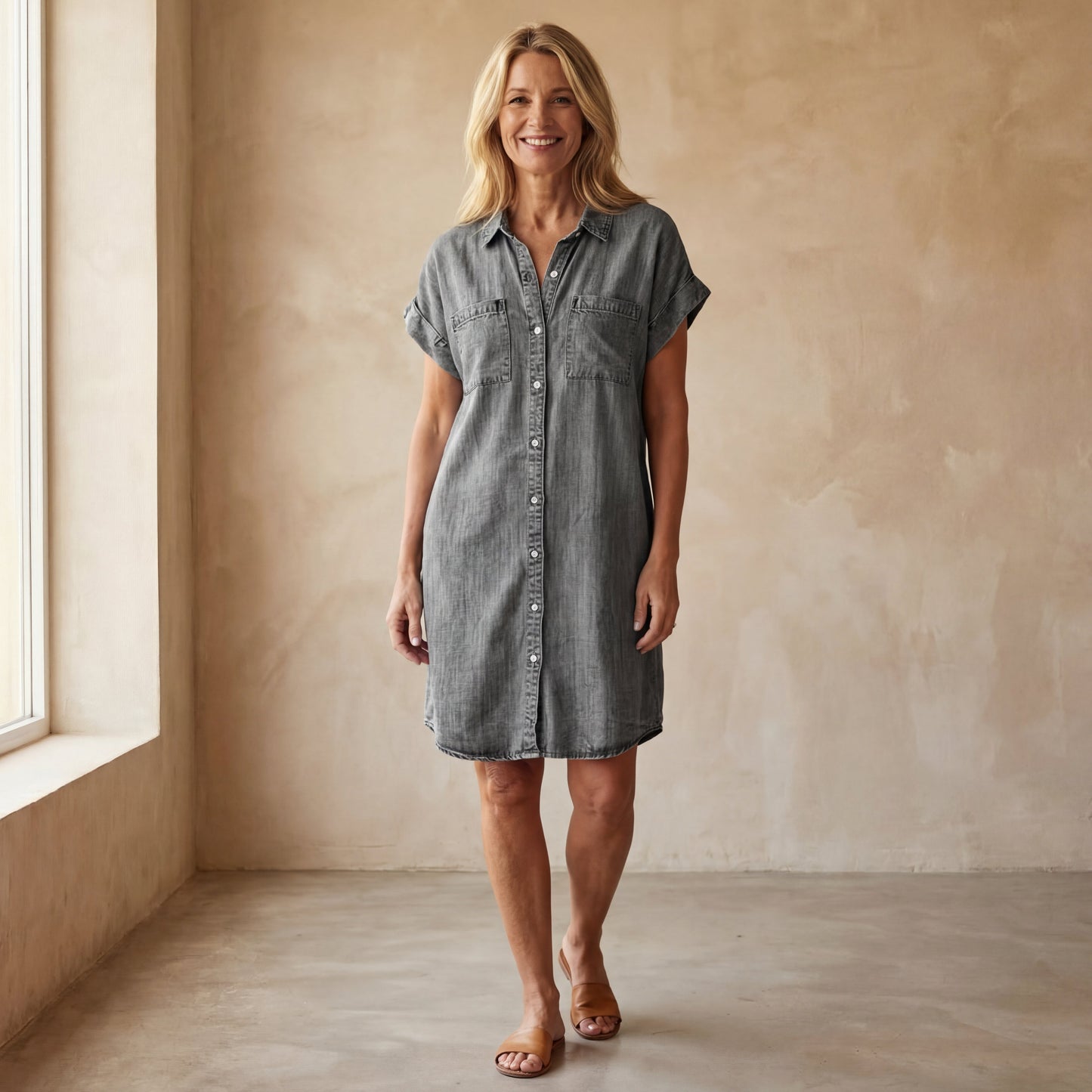 Effortless Versatile Short-Sleeve Denim Shirt-Dress
