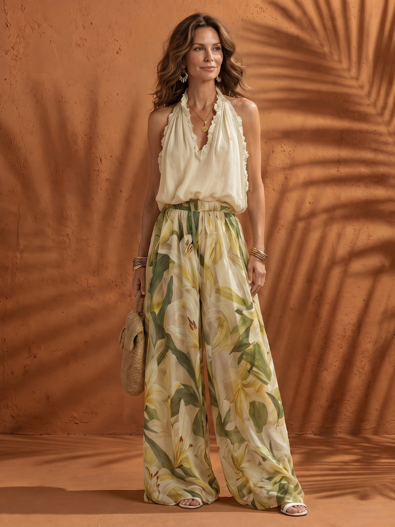 Harriet | Floral Halter Blouse & Wide-Leg Pants