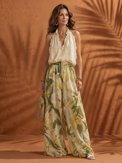 Harriet | Floral Halter Blouse & Wide-Leg Pants