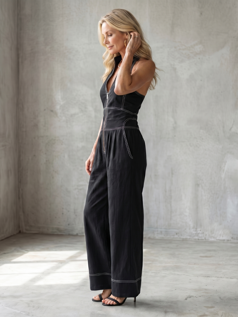Patricia | Front-Zip Contrast Seam Wide-Leg Jumpsuit