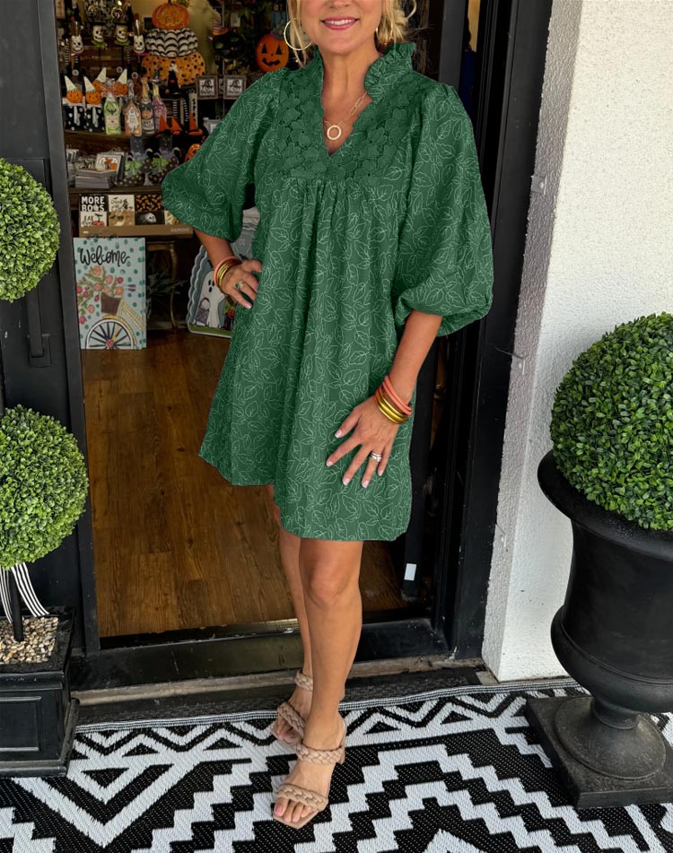 Claire | Puff Sleeve Leaf Jacquard Dress