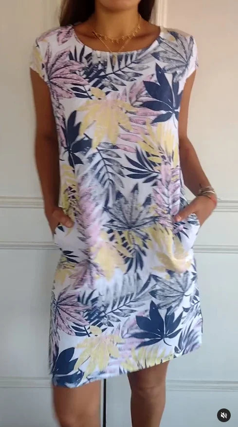 Breathable Tropical Print Side-Pocket Shift Dress