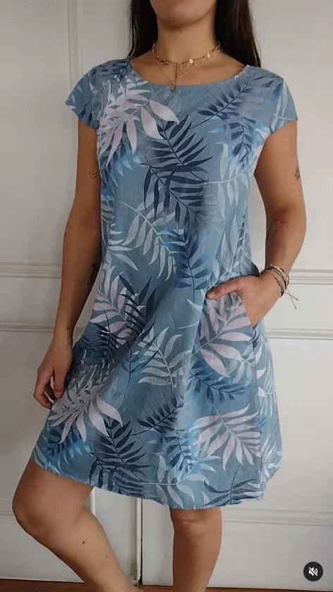Breathable Tropical Print Side-Pocket Shift Dress