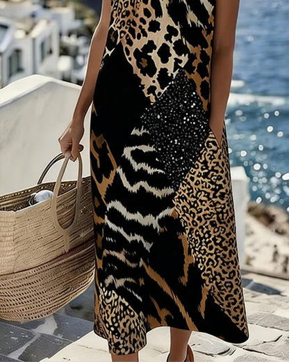 Robe Patchwork Imprimé Léopard Sans Manches Longue