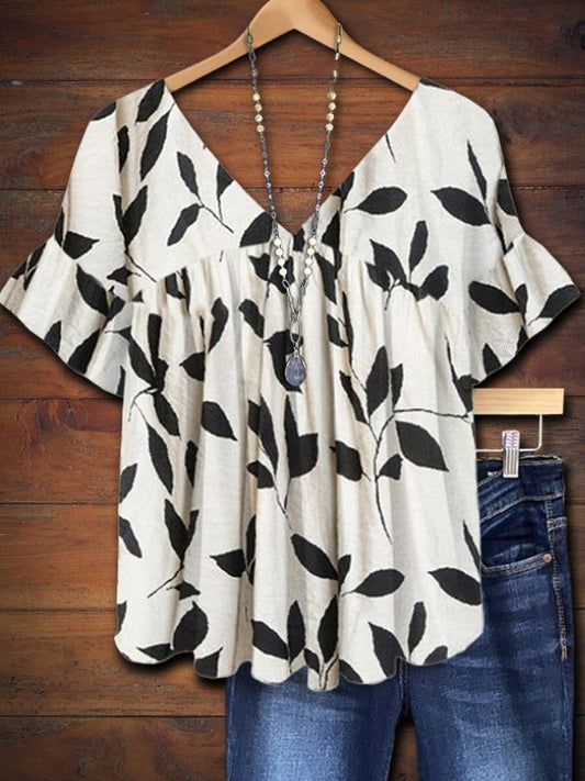 Nancy™ | Leaves Print Ruffle Sleeve Top