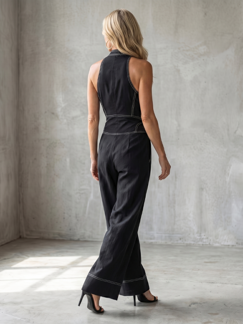 Patricia | Front-Zip Contrast Seam Wide-Leg Jumpsuit