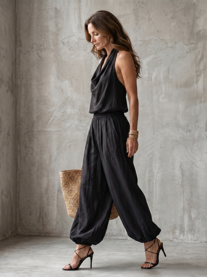 Vivian | Fluid Draped Collar Top & Wide-Leg Pants Set