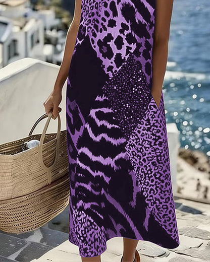 Robe Patchwork Imprimé Léopard Sans Manches Longue