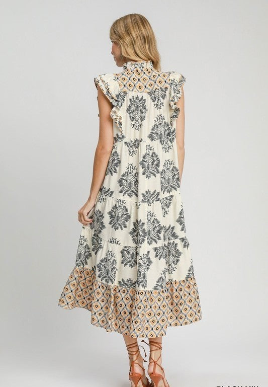 Artistic Floral Print Ruffle Sleeve Maxi Dress