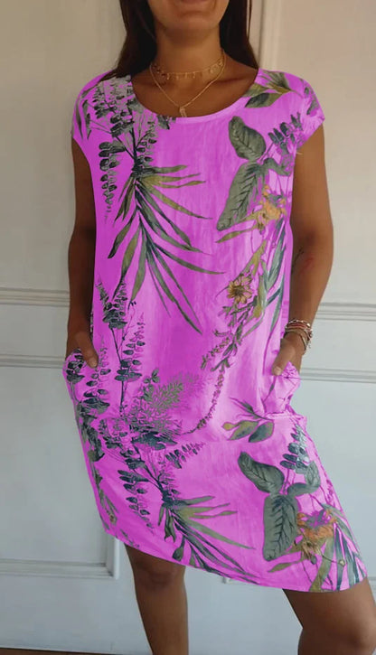 Breathable Tropical Print Side-Pocket Shift Dress