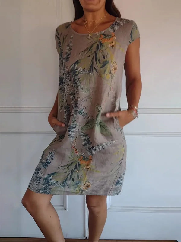 Breathable Tropical Print Side-Pocket Shift Dress